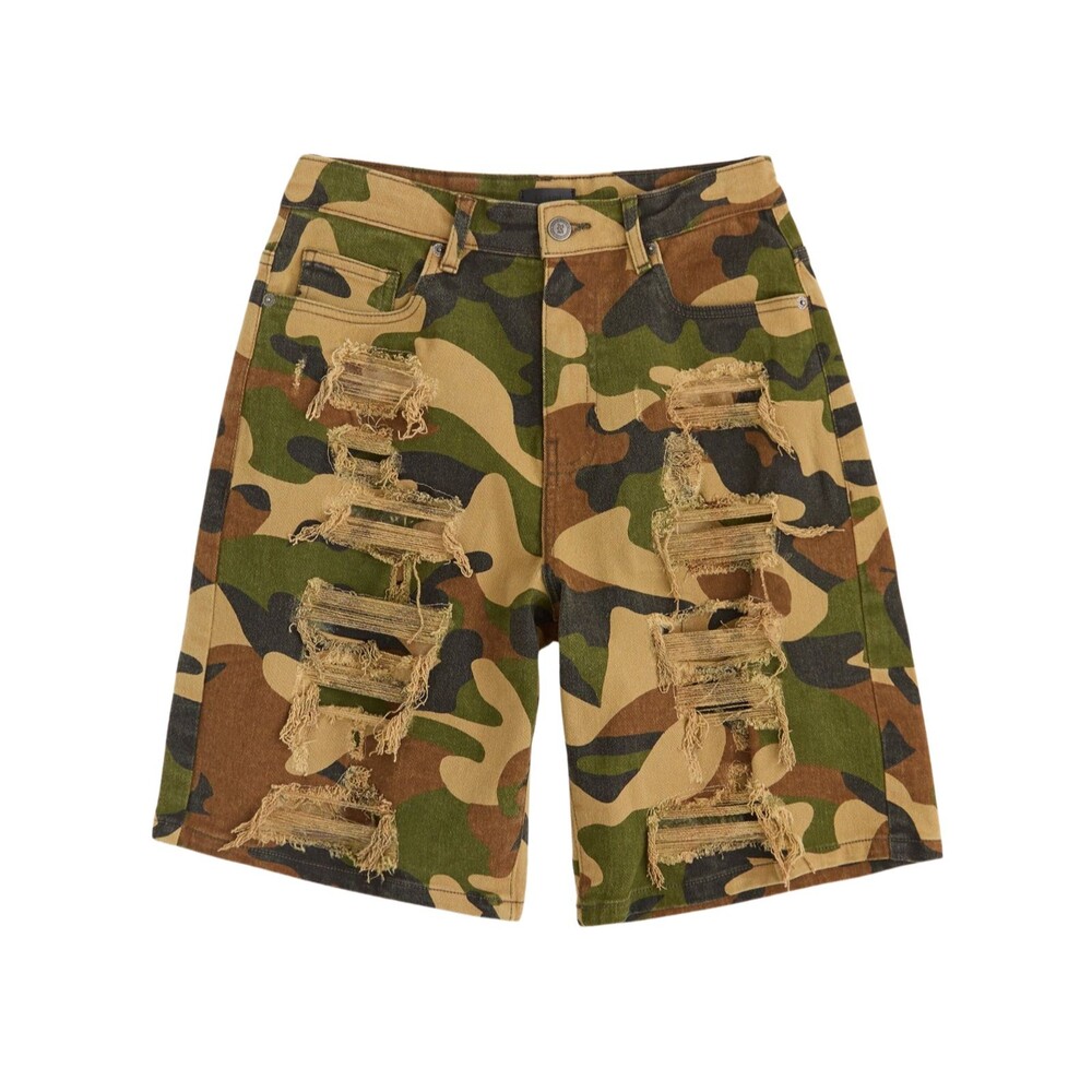 Reason Destroyed Denim Camo Shorts Men’s 34x9.5 Green Distressed Stretch